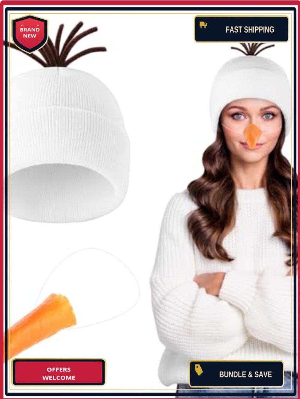 Snowman Costume Set White Beanie Hat Carrot Nose Knit Latex Adult